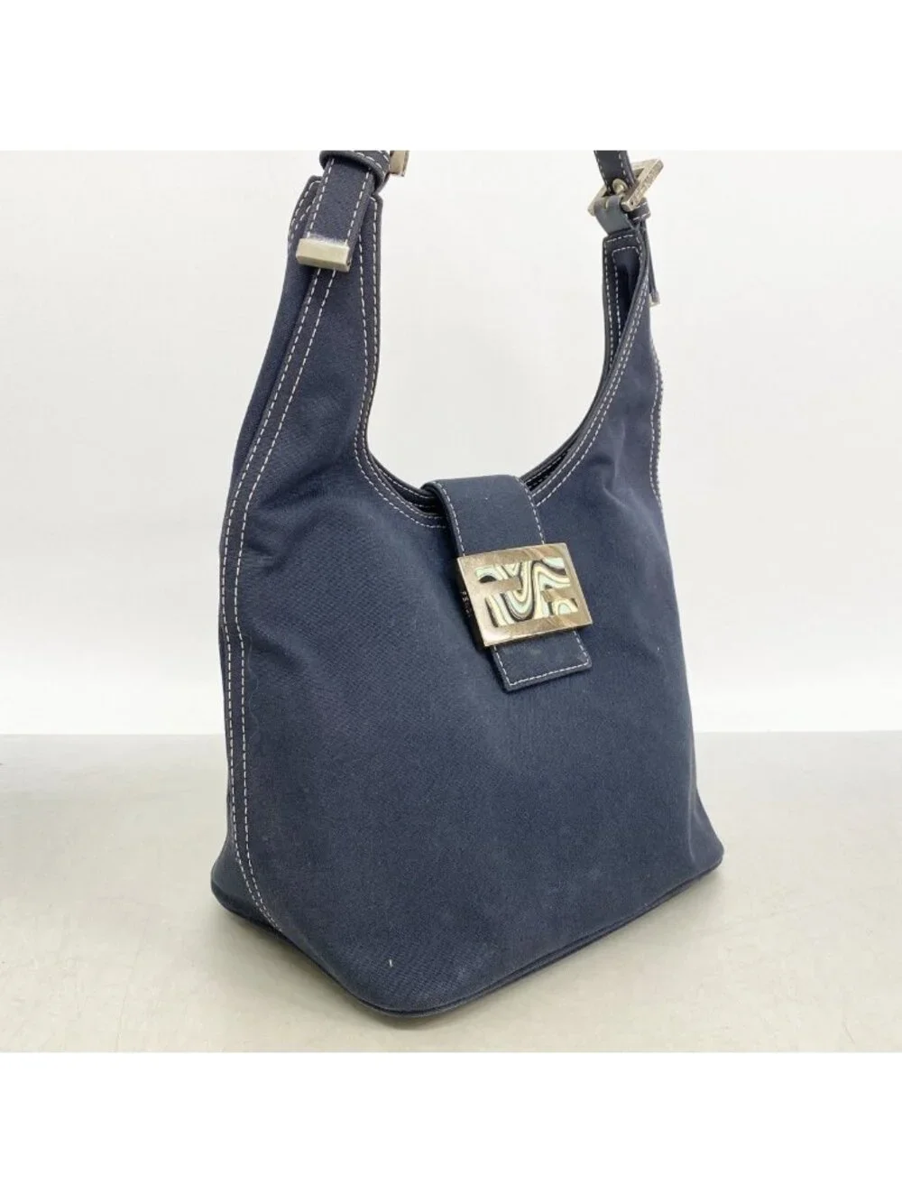 Fendi Handbag Canvas Navy Silver